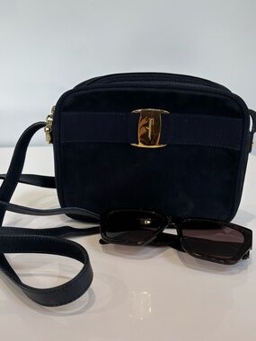 Salvatore Ferragamo Navy Suede Vara Bow Crossbody Bag Gold Hardware Italy